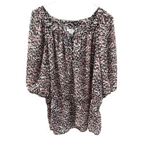 Liz Claiborne Womens 2X Sheer Floral Blouse Pink/Black Peplum Boho Cottagecore